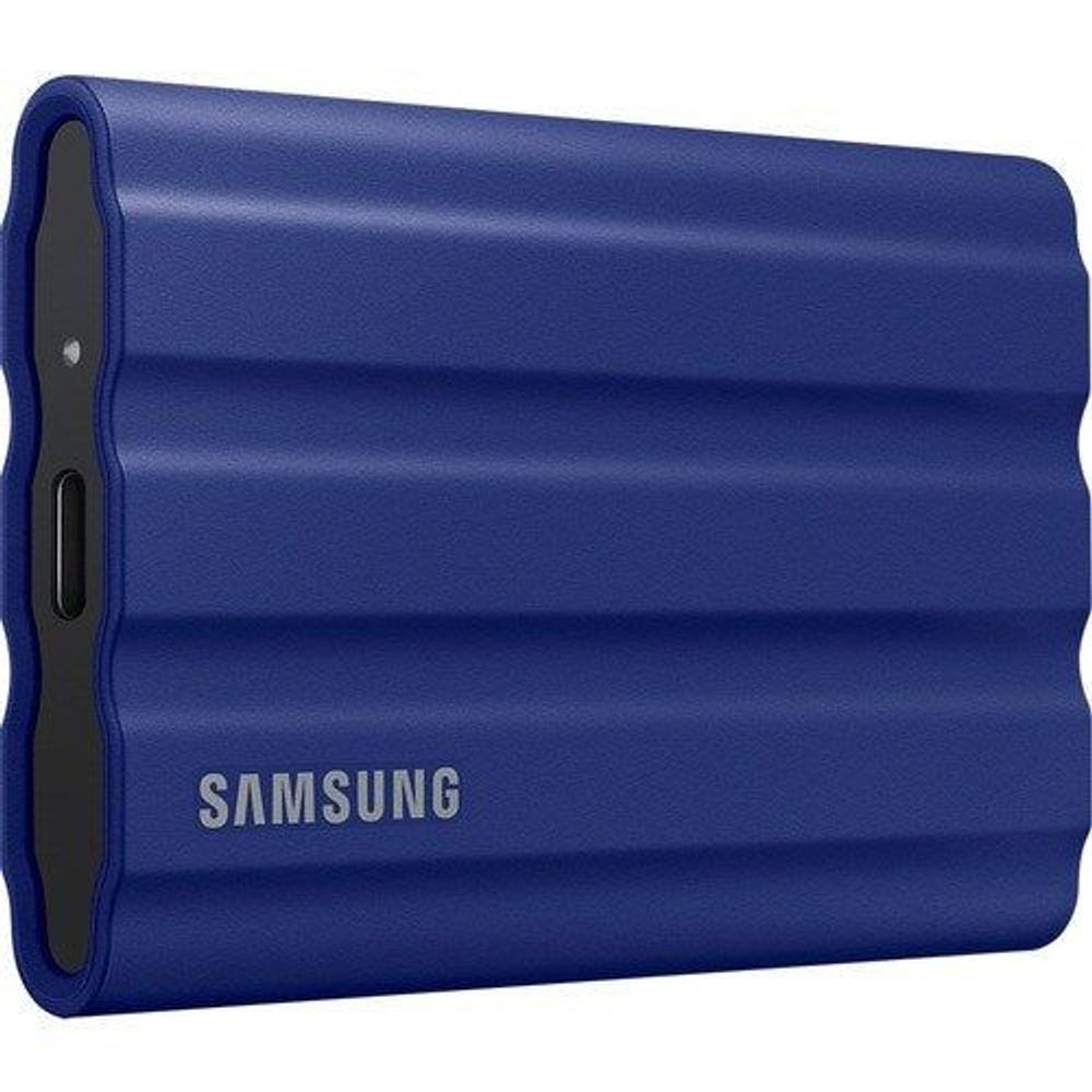 Blue Samsung T7 Shield portable SSD with side ports and curved rugged edges