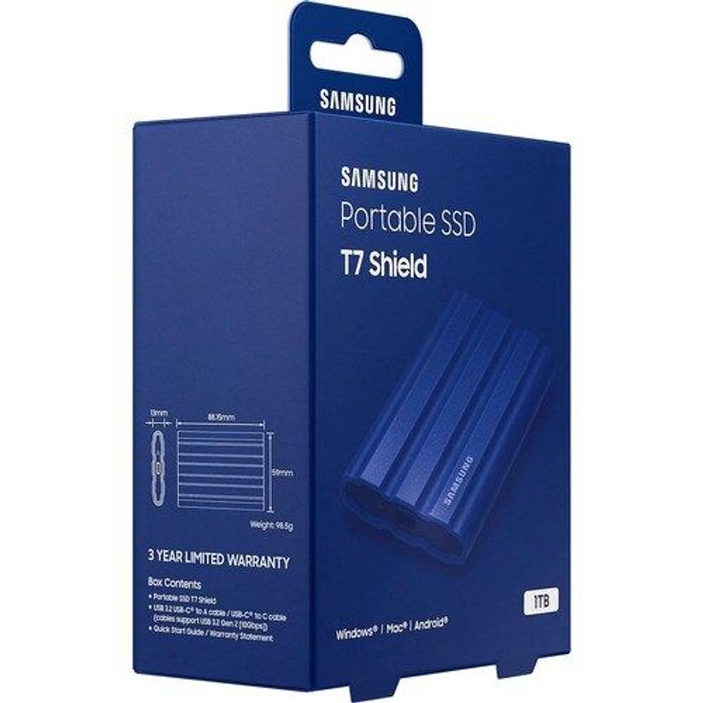 Samsung Portable SSD T7 Shield retail package with size diagram and warranty