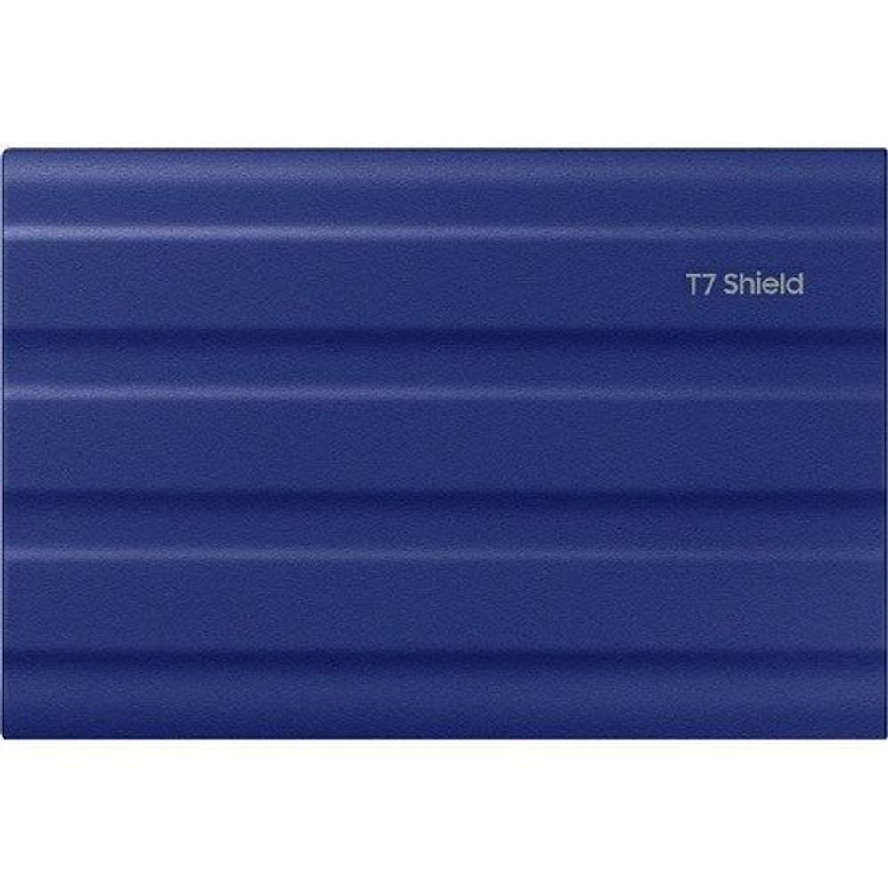 Blue Samsung T7 Shield portable SSD back with 'T7 Shield' text