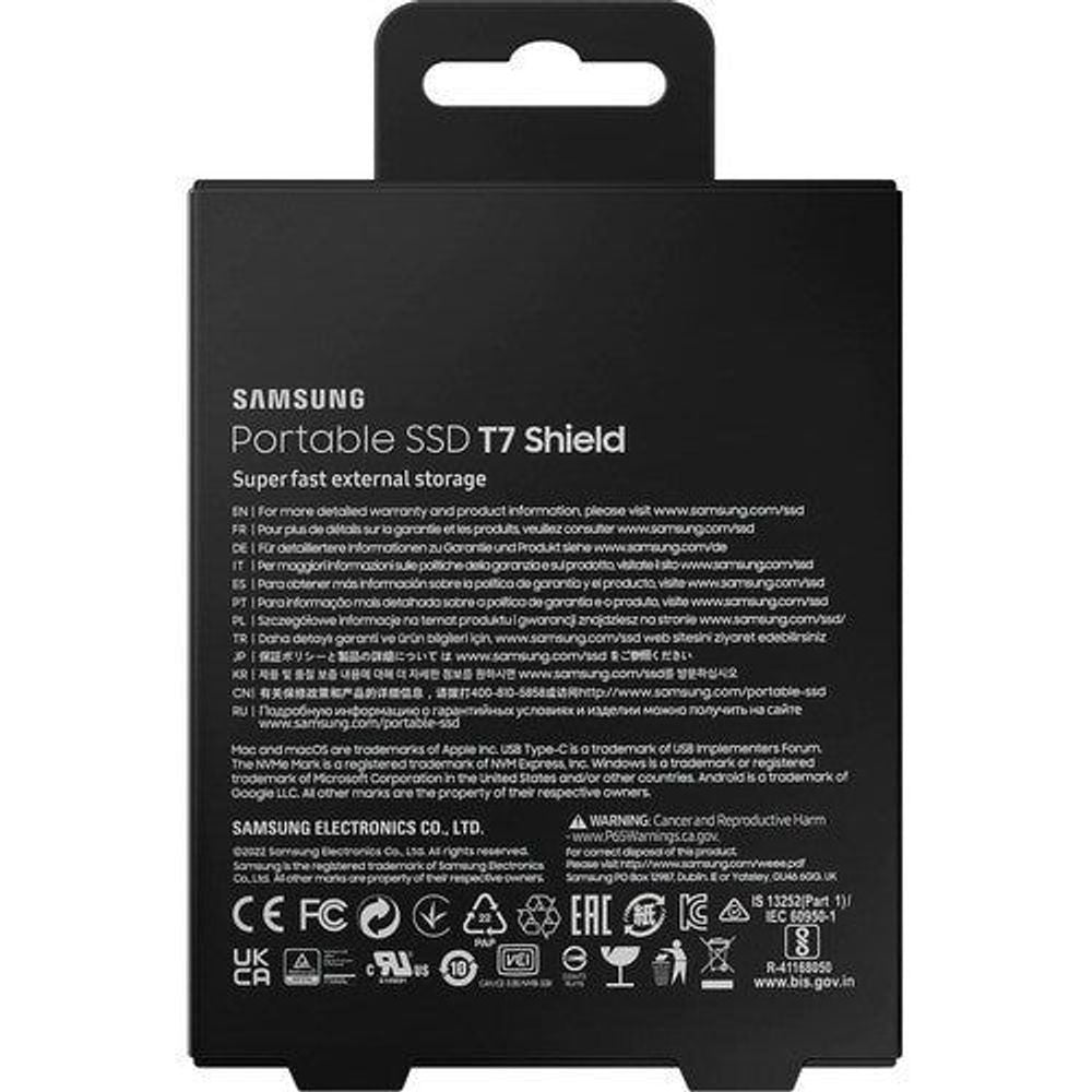 Samsung Portable SSD T7 Shield retail package back panel with specs and icons