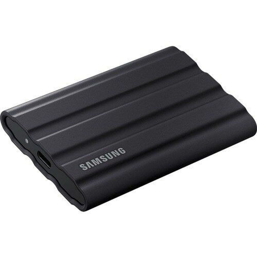 Samsung Portable Rugged SSD T7 Shield black angled view with side ports and SAMSUNG logo