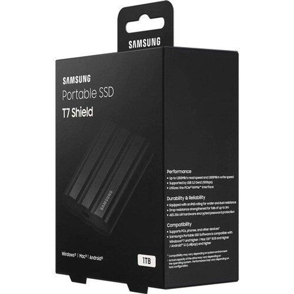Portable SSD retail box, black, labeled Samsung T7 Shield 1TB