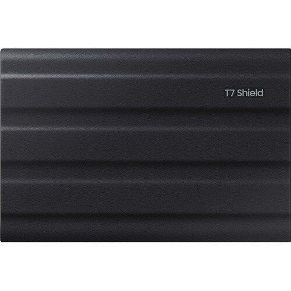 Black T7 Shield portable SSD, side view with embossed logo