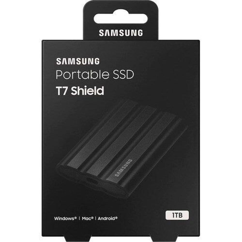 Samsung Portable SSD T7 Shield retail package front with 1TB marking