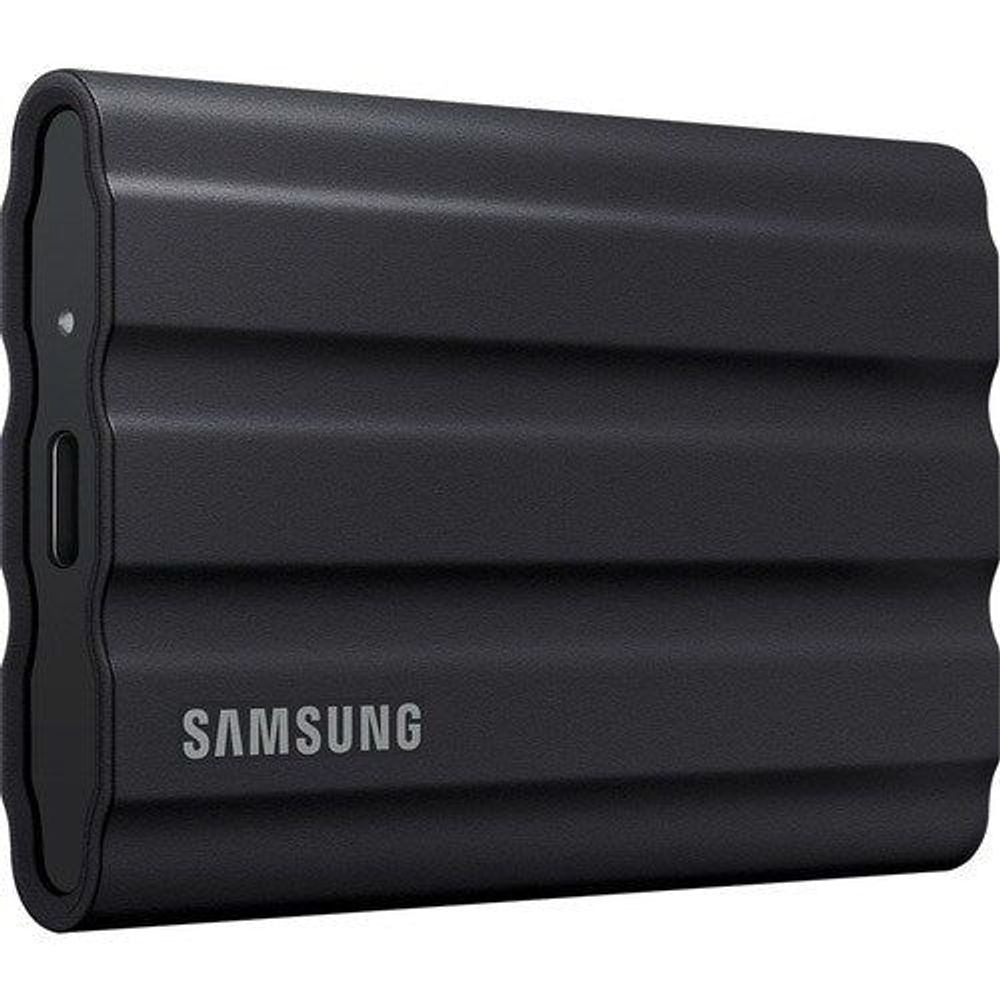 Samsung Portable Rugged SSD T7 Shield black side view with port area and SAMSUNG logo