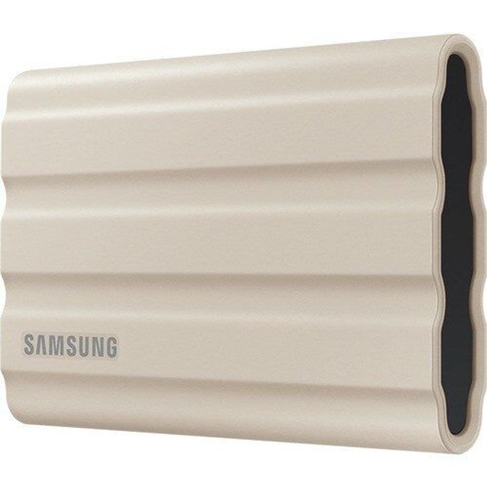 Beige Samsung rugged portable SSD, side profile with rubberized dark edge