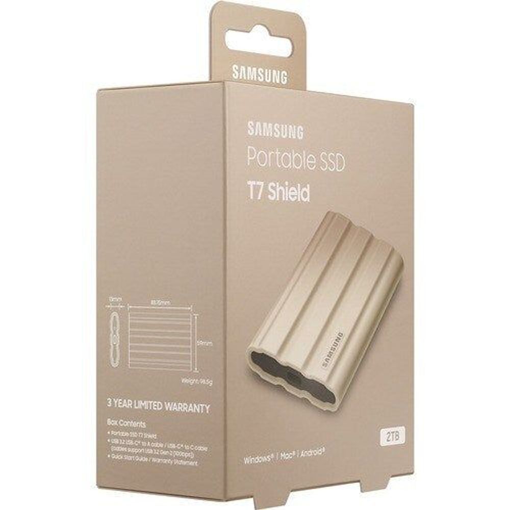 Samsung Portable SSD T7 Shield retail package with beige drive shown.