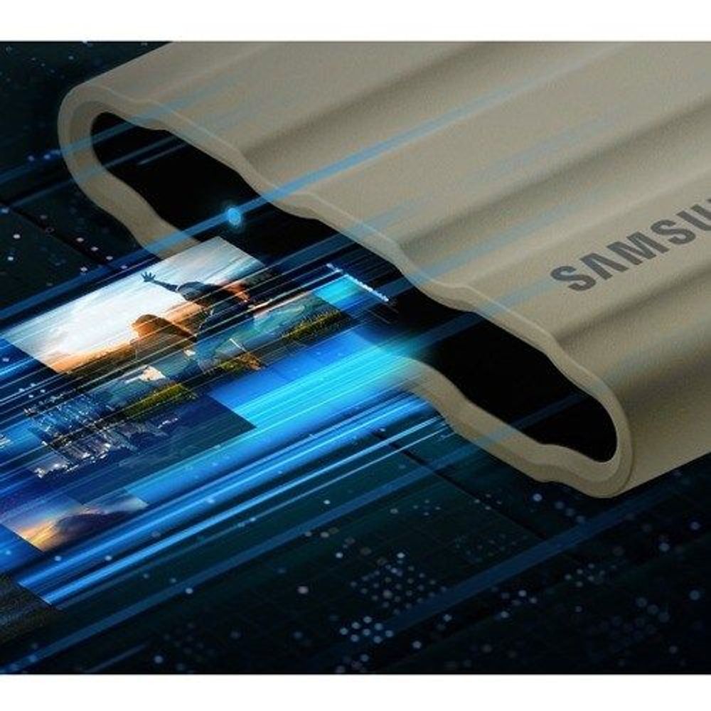 Beige Samsung rugged portable SSD with blue data transfer graphic overlay