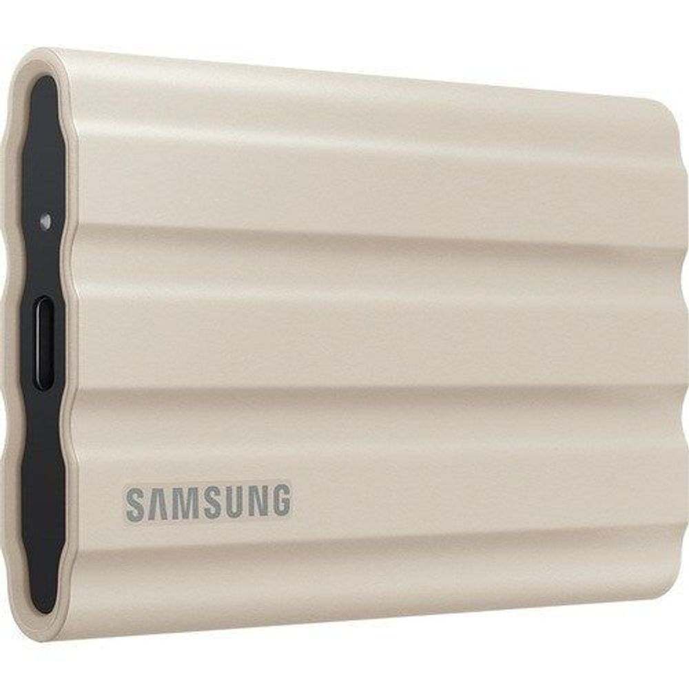 Beige rugged portable SSD with black corner accents and Samsung branding.