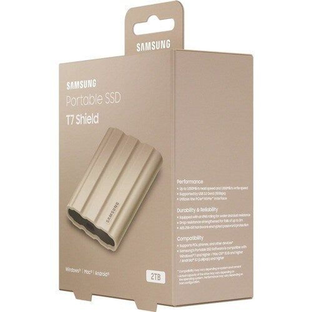 Samsung Portable SSD T7 Shield retail package with a beige drive pictured.