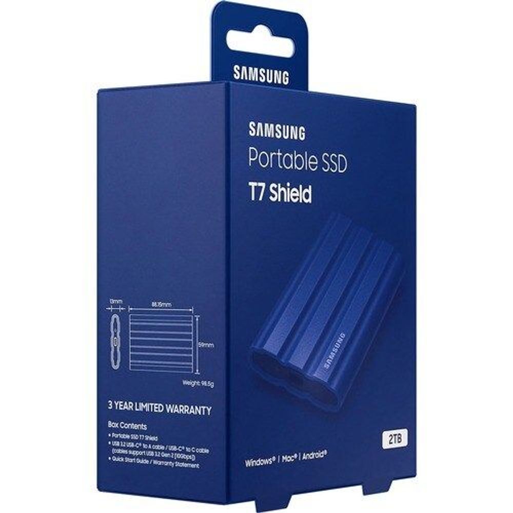 Samsung Portable SSD T7 Shield retail box with dimensions and warranty info (2TB)