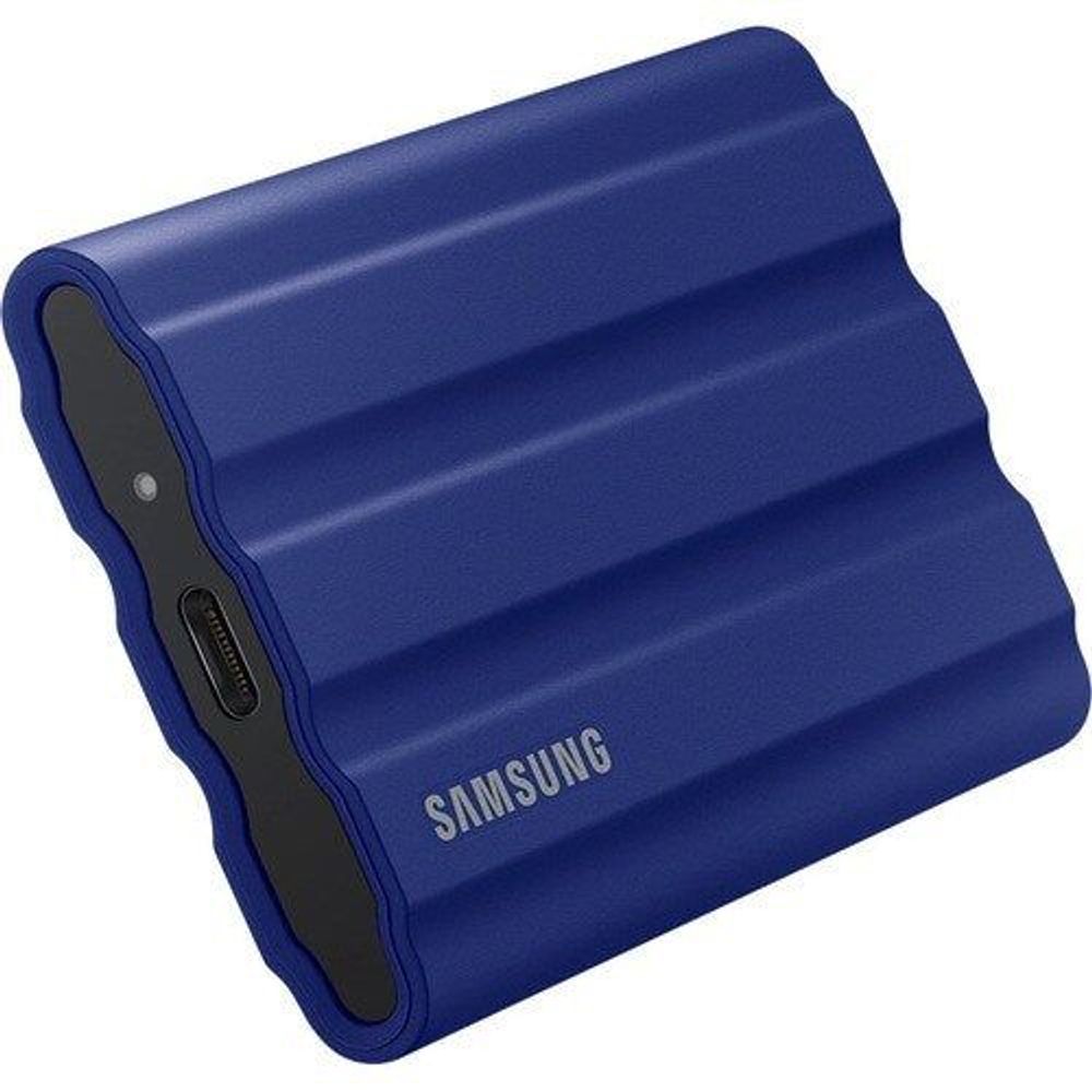 Samsung T7 Shield portable SSD, blue rugged case with visible side connector ports