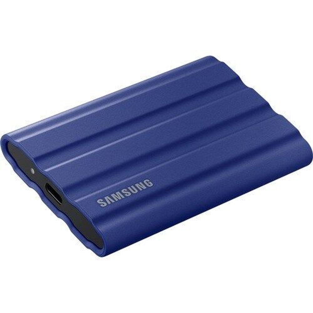 Blue Samsung portable SSD in protective rugged housing