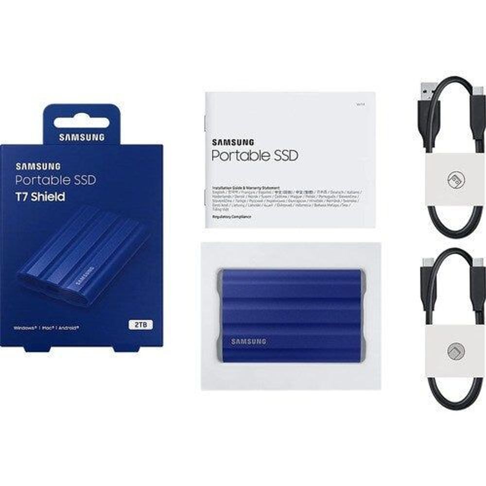 Samsung Portable SSD T7 Shield kit with drive, cables, and retail box (2TB)