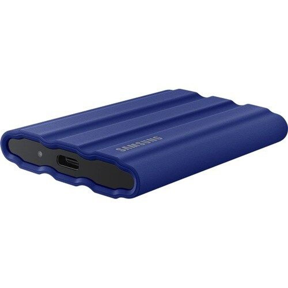 Blue Samsung portable SSD with side ports and rugged protective housing