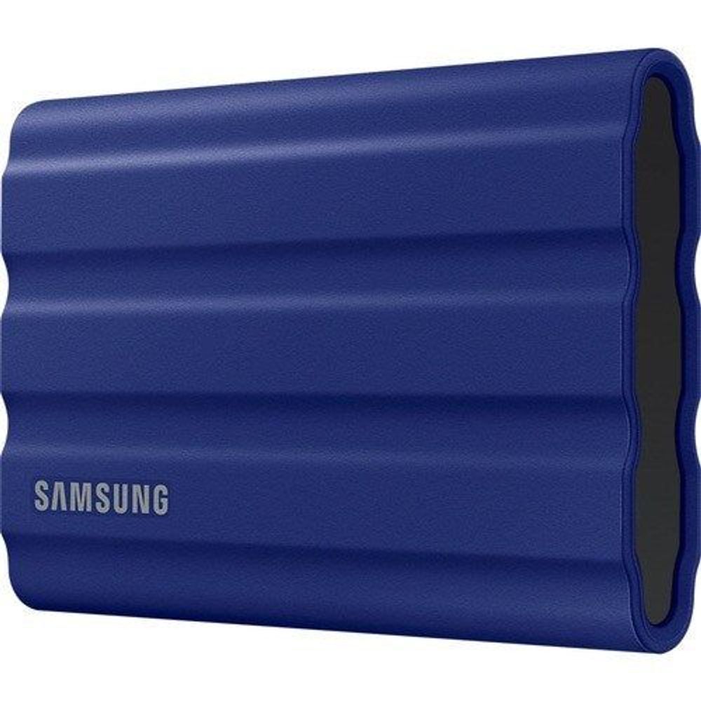 Samsung T7 Shield portable SSD, blue rounded body with SAMSUNG branding