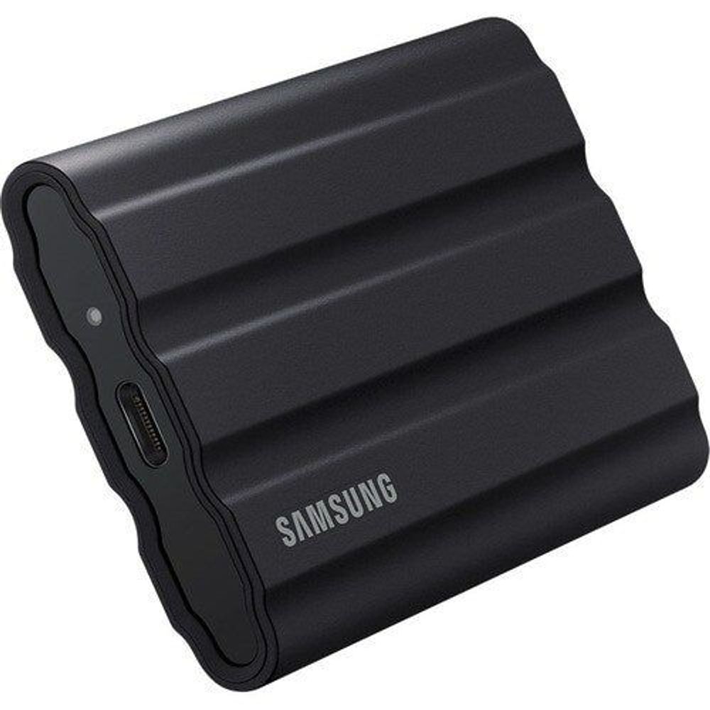 Rugged portable Samsung T7 Shield SSD in black case, side view with port opening