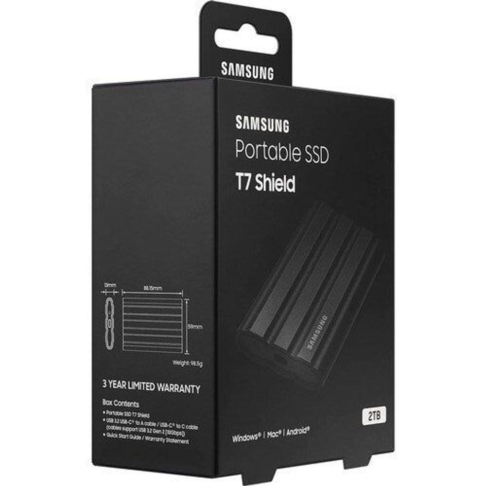 Samsung Portable SSD T7 Shield 2TB box with warranty and specs