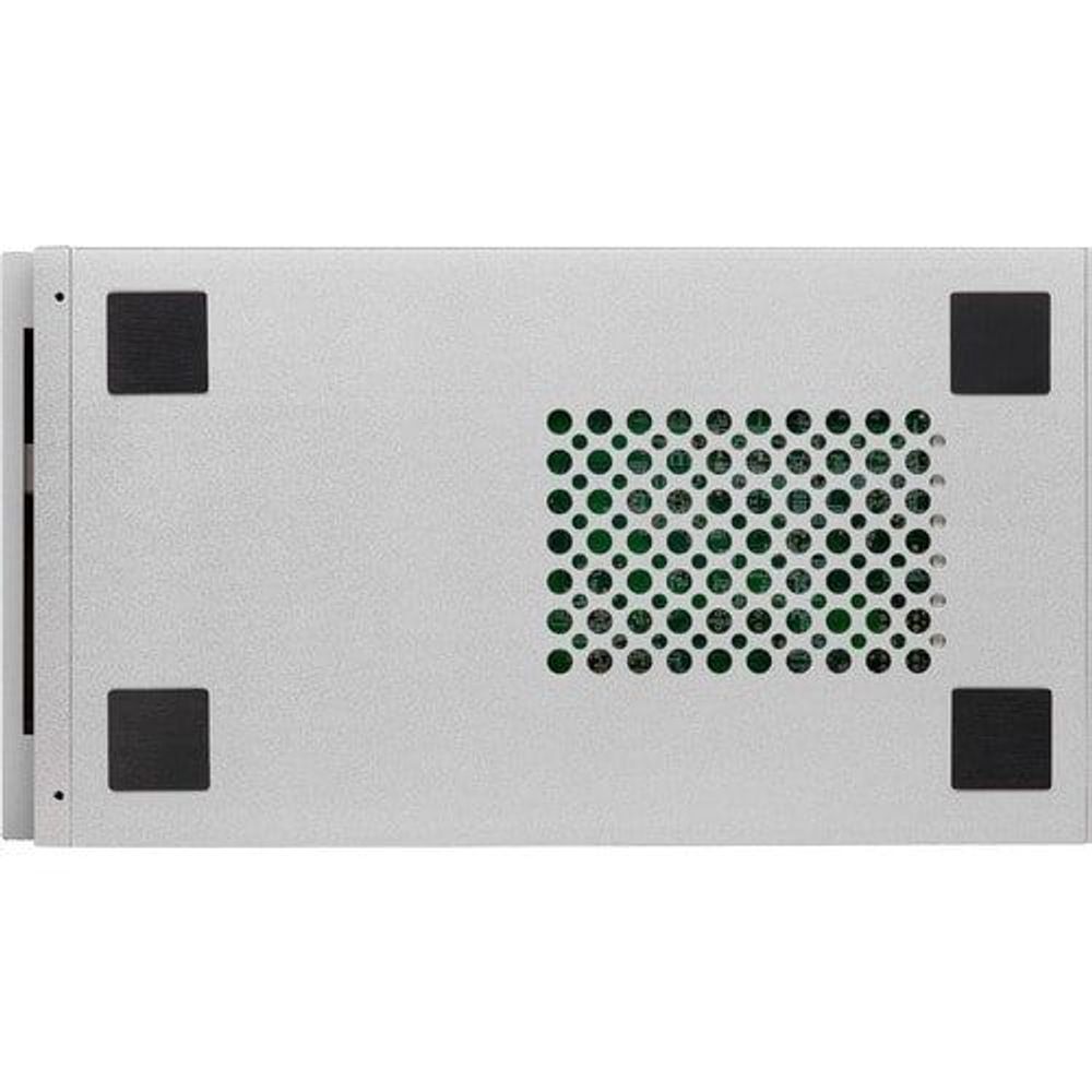 Silver rear panel of dock storage system with green fan grille and corner mounts