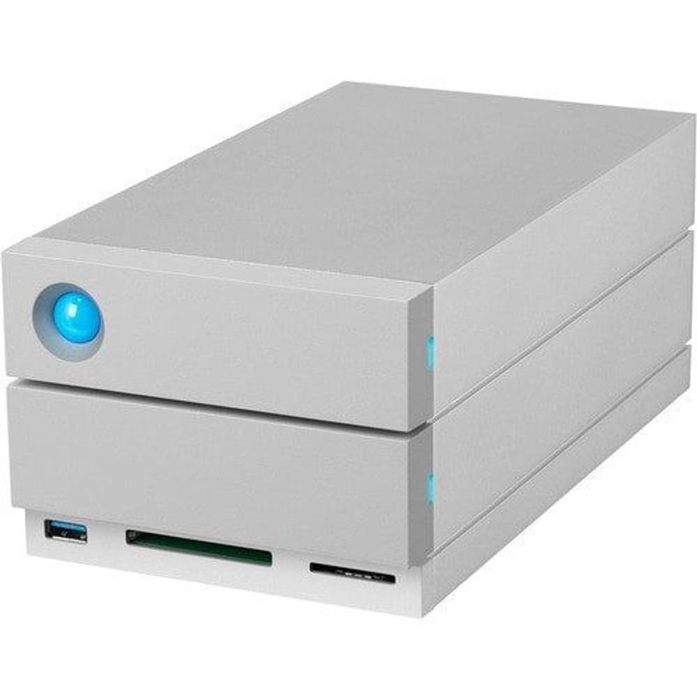 Silver dock storage system front-left view with blue power button and card slots