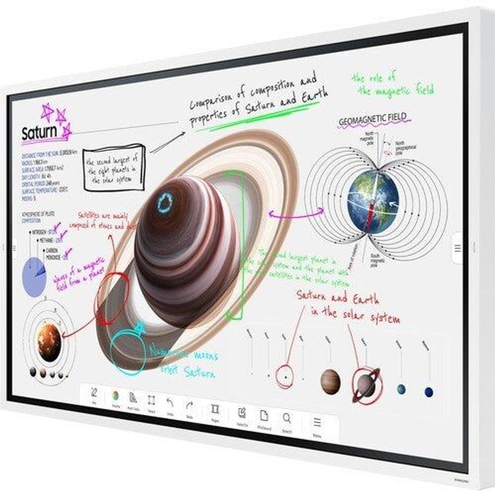 Samsung 65-inch interactive LCD display angled view with space diagram and bezel