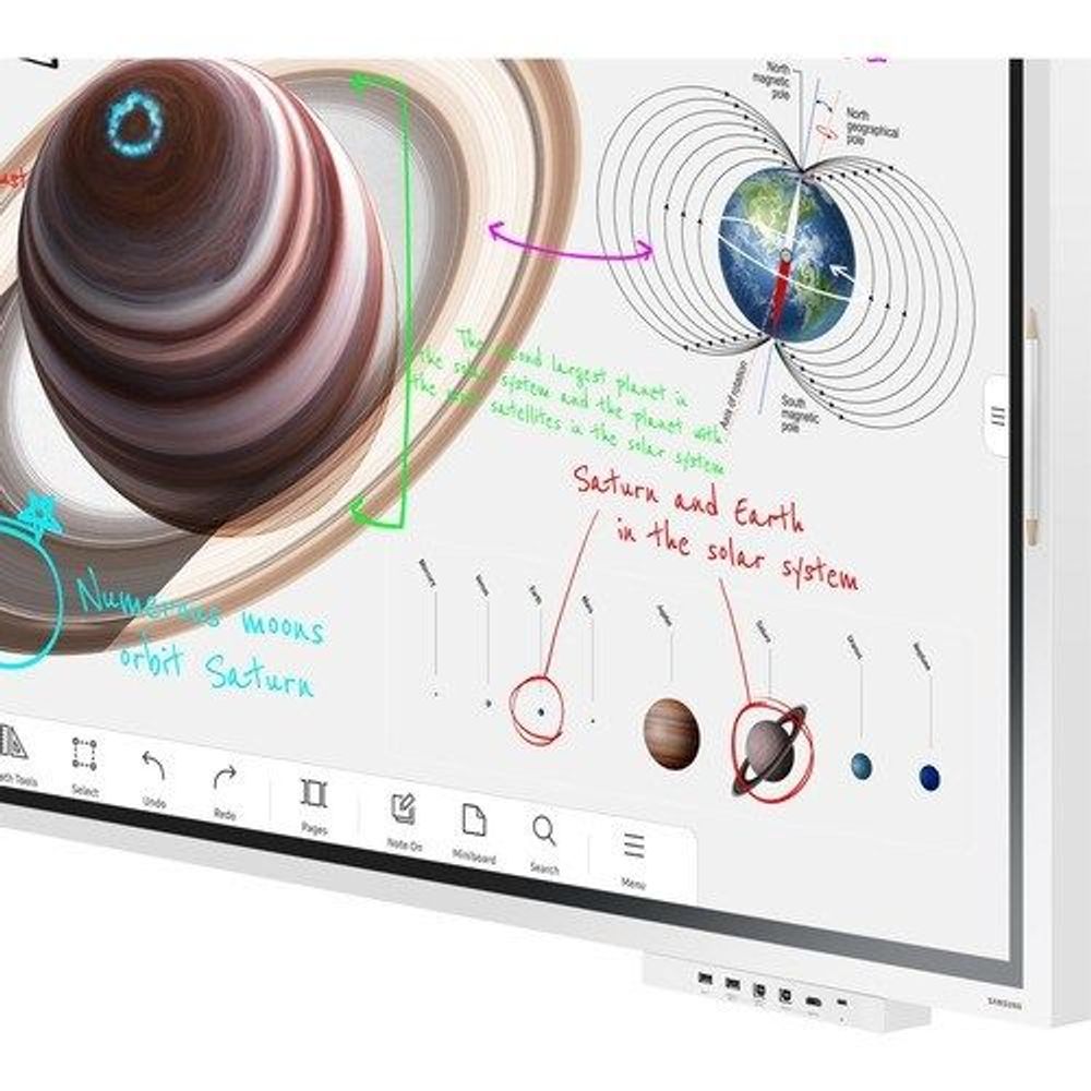Samsung 65" interactive display showing solar system science visuals and on-screen icons