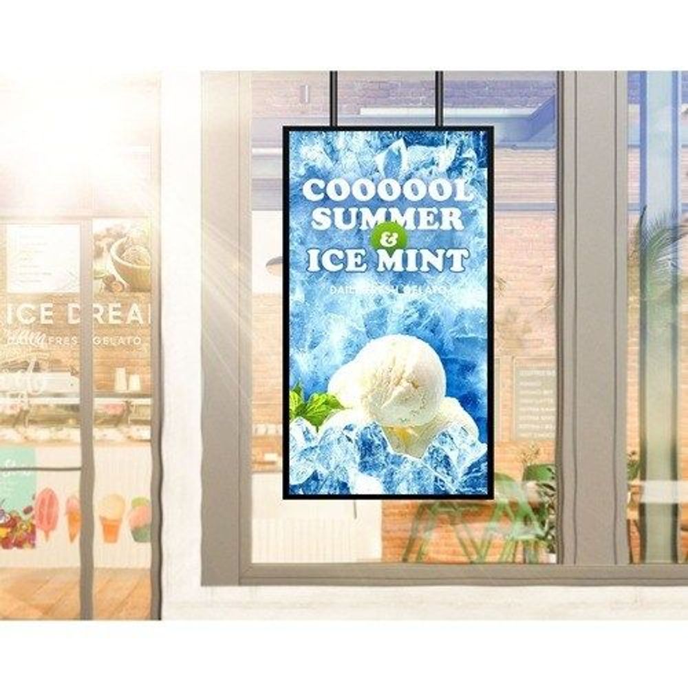 Digital signage display showing ice mint themed poster on screen