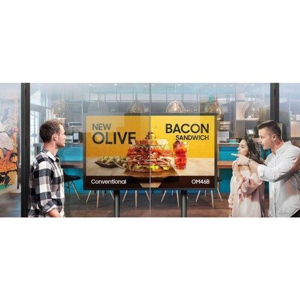 Digital signage display showing menu board ads on storefront stand