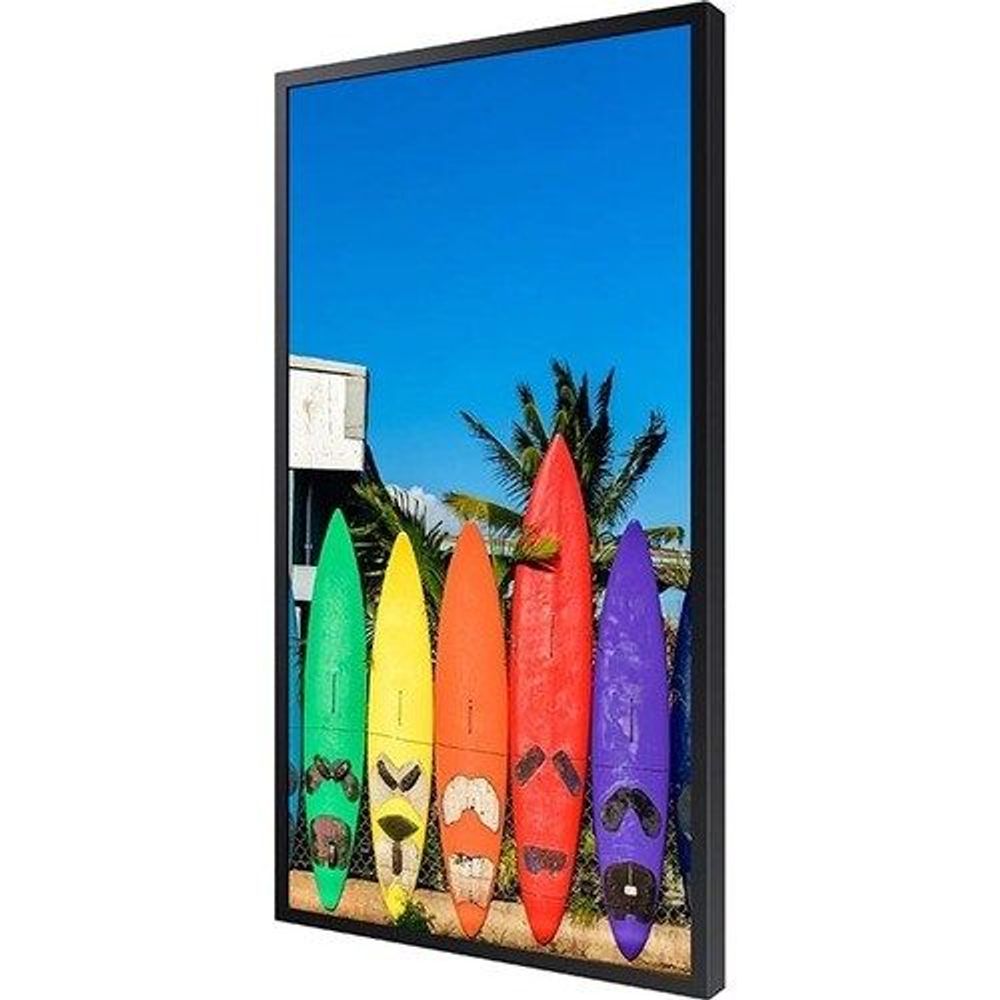 46-inch digital signage display with colorful surfboard graphics on a blue screen