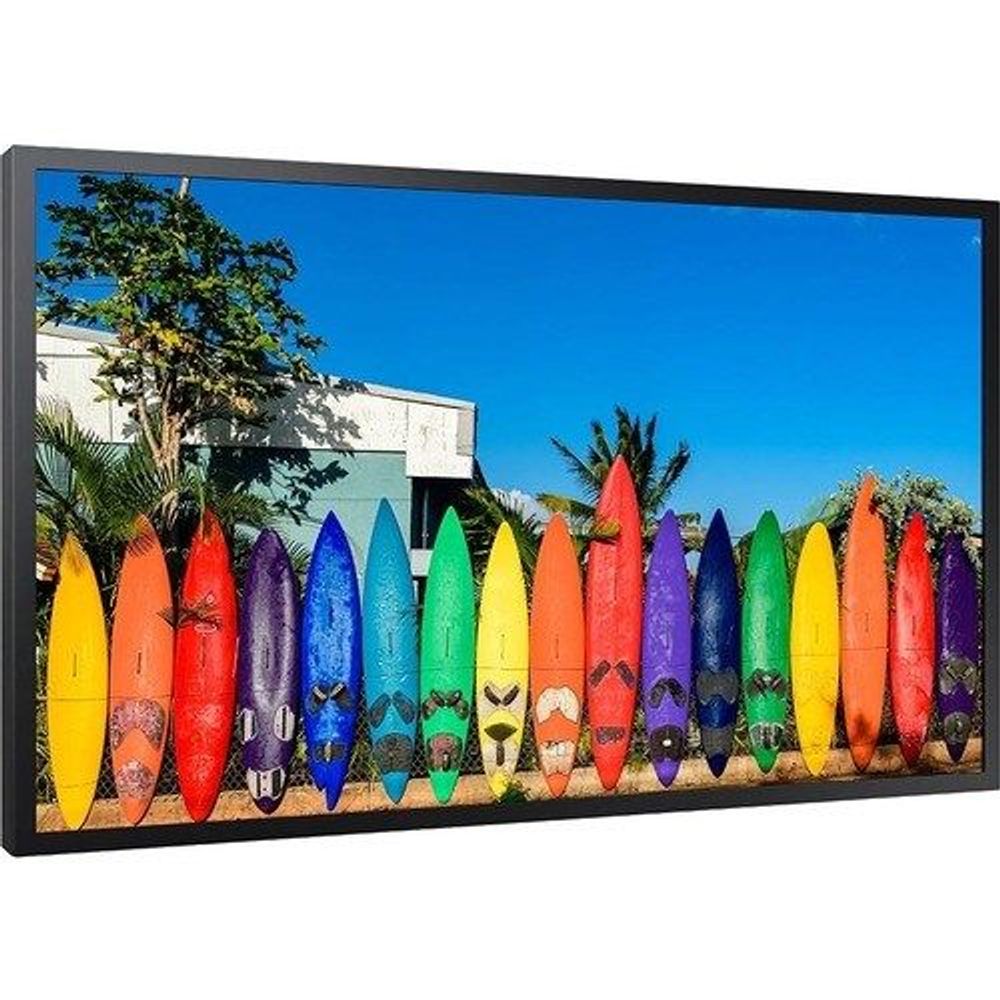 46-inch digital signage display featuring a wide surfboard-themed video on the screen