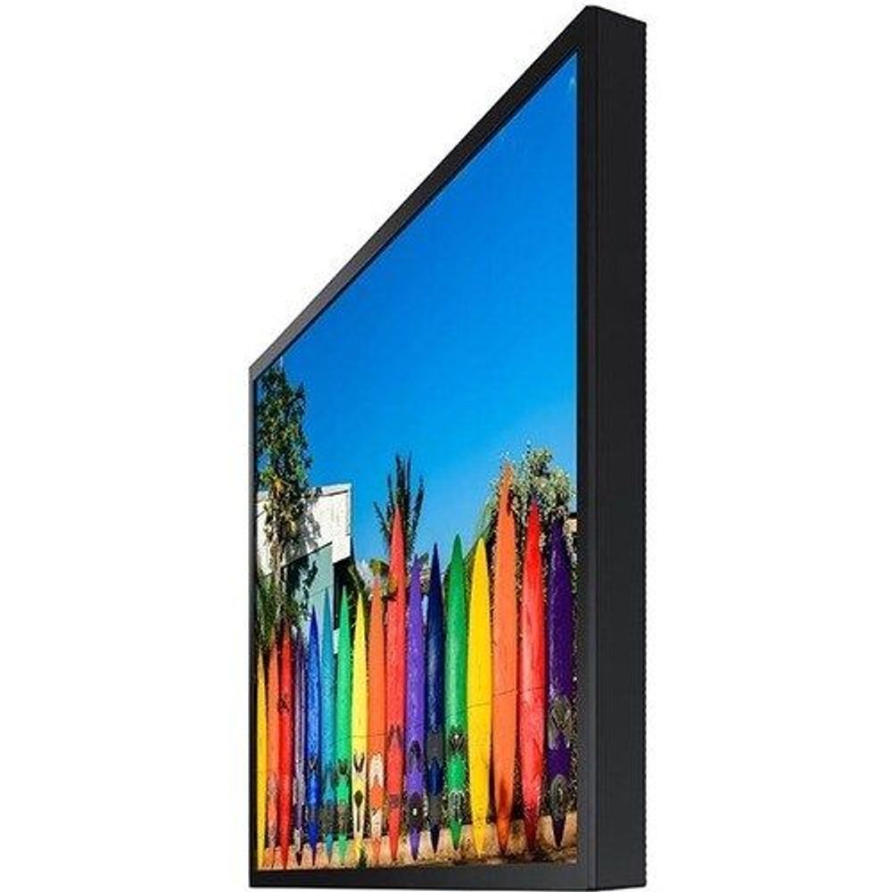 46-inch digital signage display side view with slim black bezel and screen content