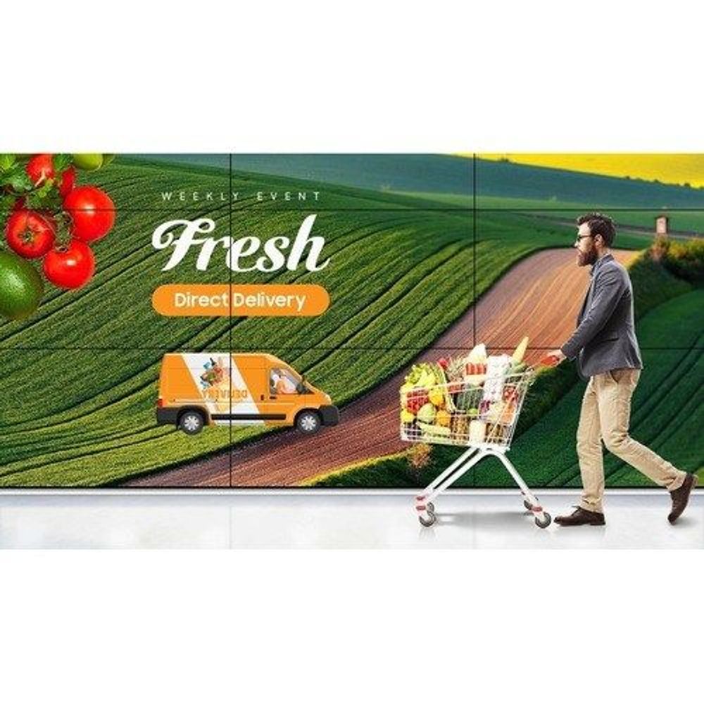 Samsung video wall LCD display showing farm landscape and delivery cart on screen