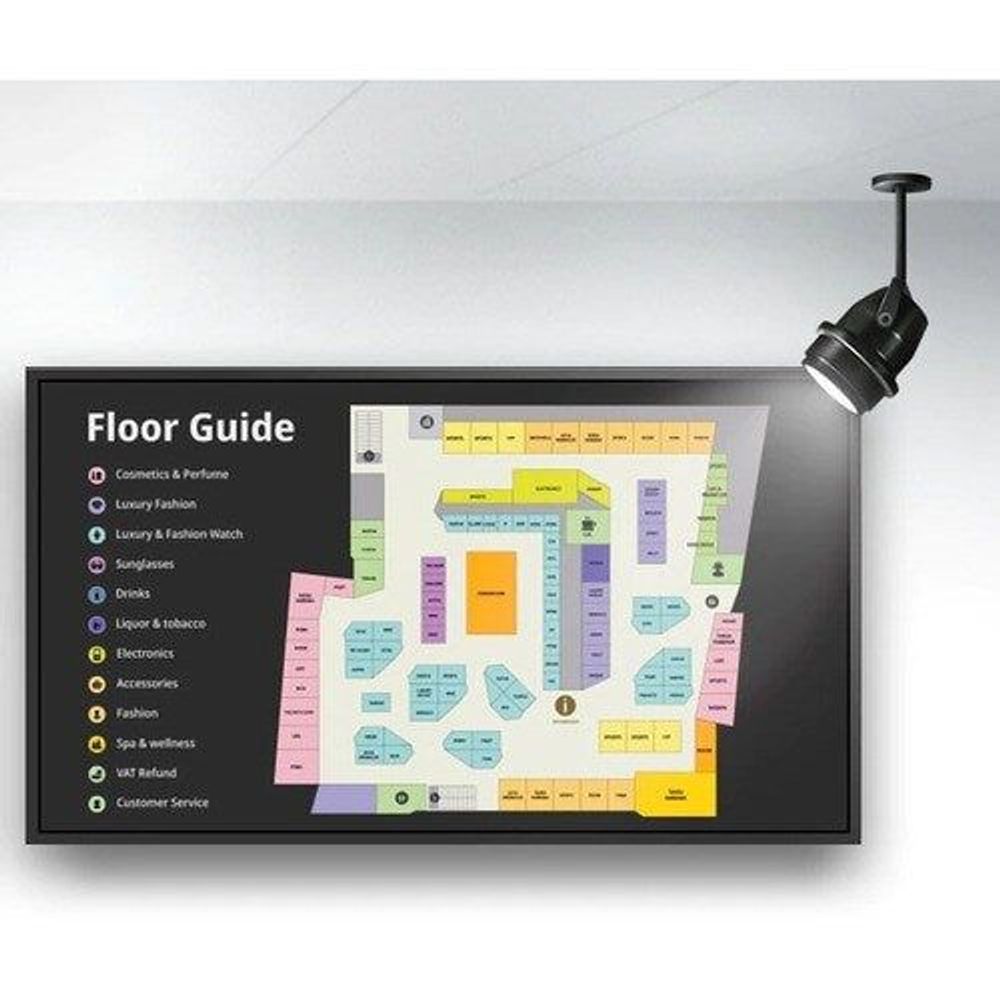 Professional LCD display showing a floor guide map graphic on screen with ceiling spotlight