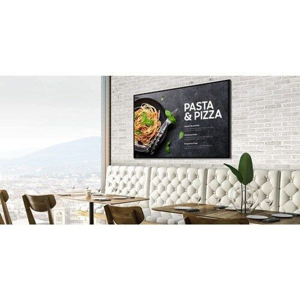 Wall-mounted professional LCD display showing a pasta & pizza menu graphic