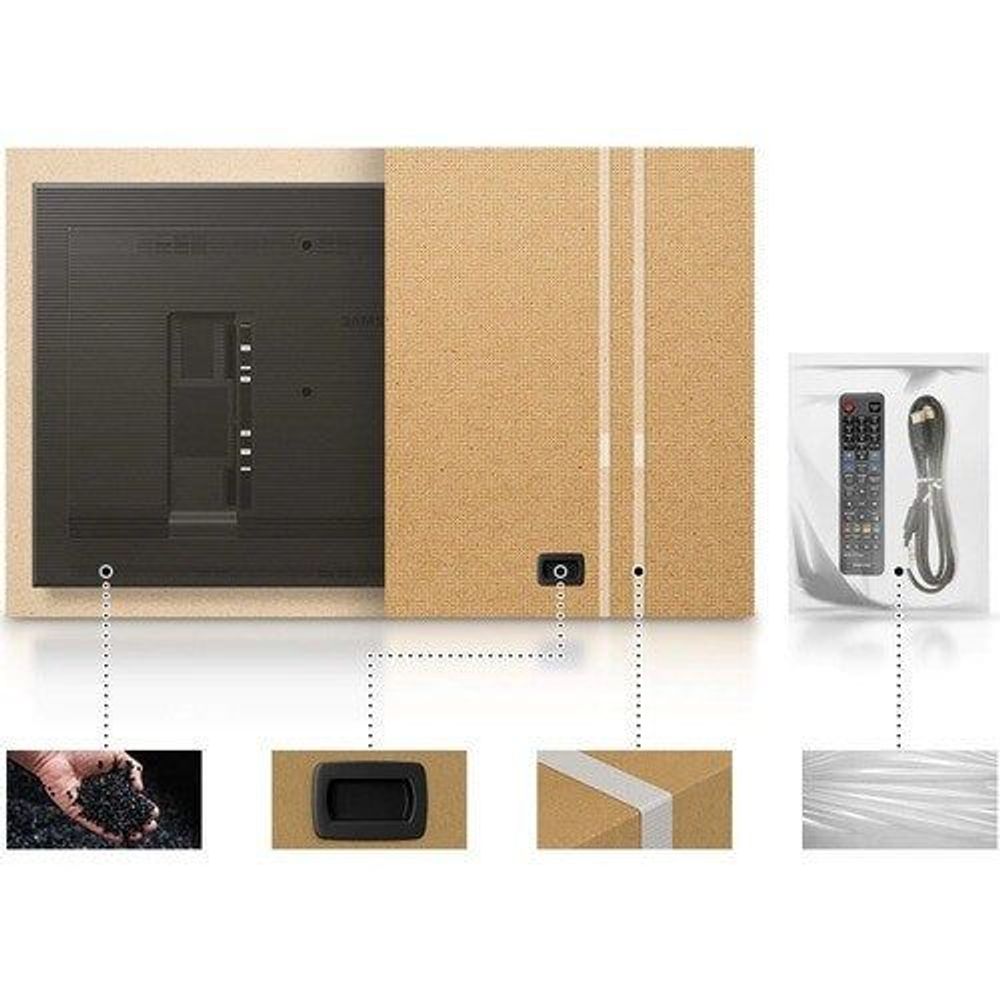 Professional display diagram showing TV, accessories, and a remote control