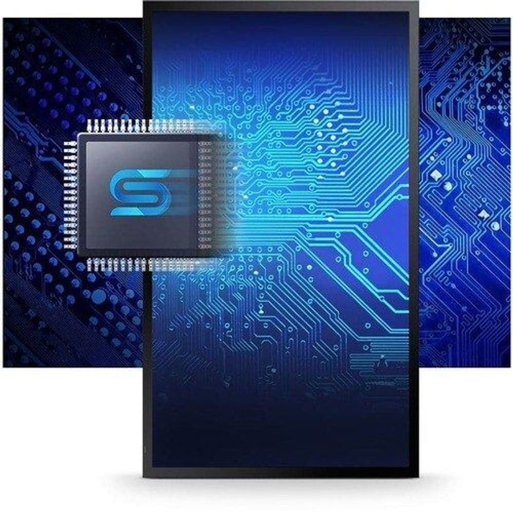 Digital signage display with blue circuit-style graphics, black frame