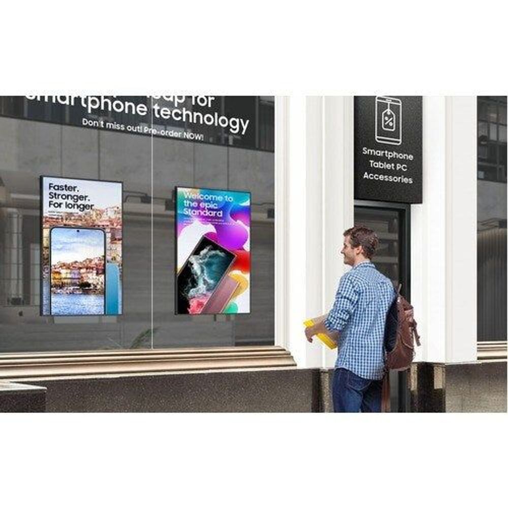 Digital signage display with smartphone-themed ads visible on the screen
