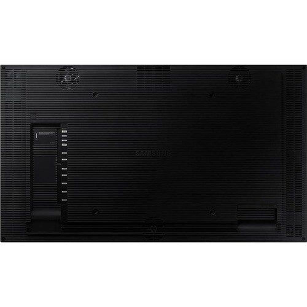 Digital signage display back panel with vents and ports, black housing
