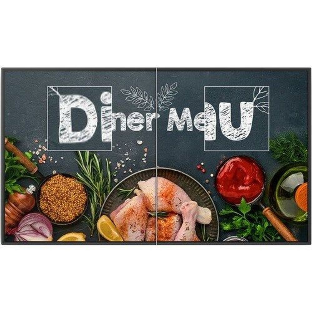 Digital signage display with dark bezel showing food and “Dinner Menu” graphic