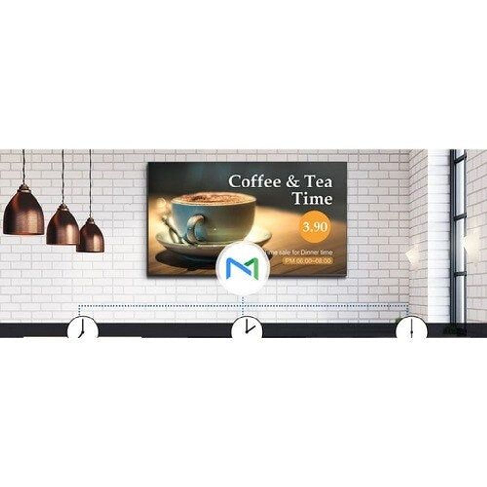 Digital signage display showing coffee menu graphic with play icon