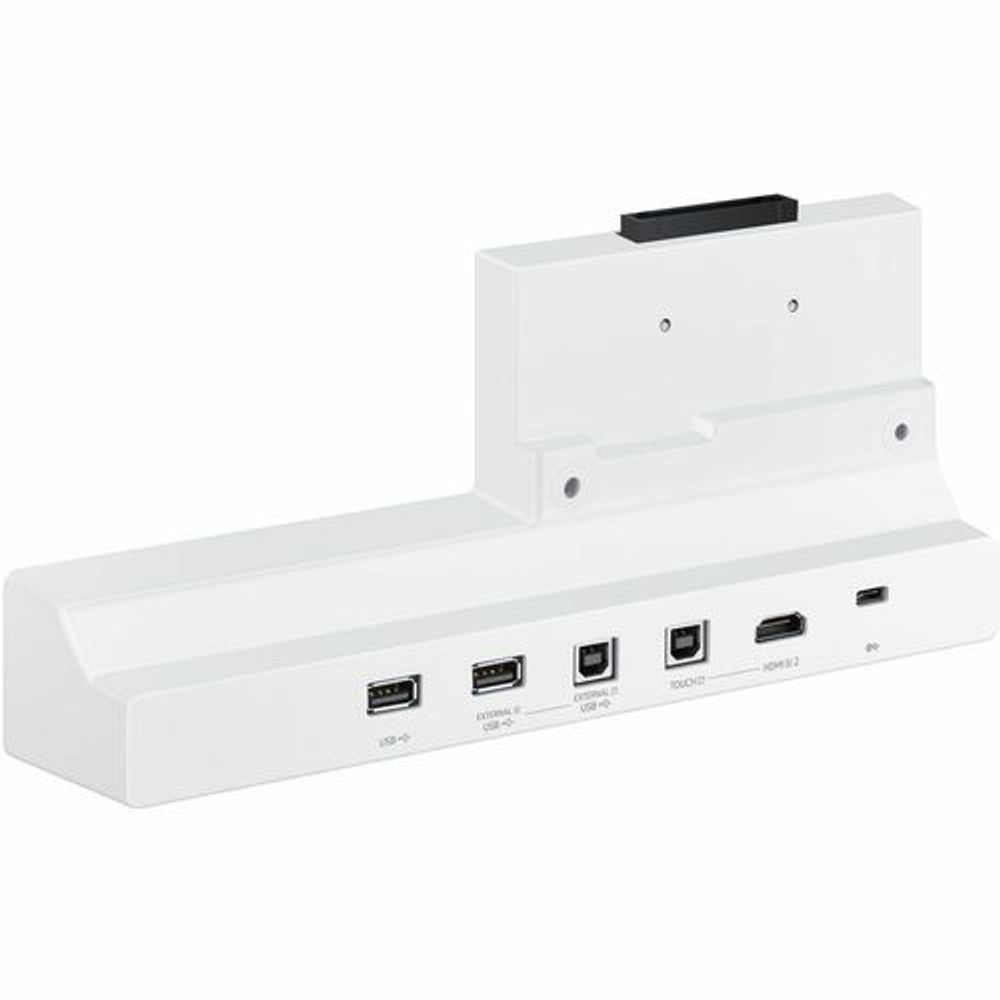White connectivity tray with USB, video, and touch ports on the front panel