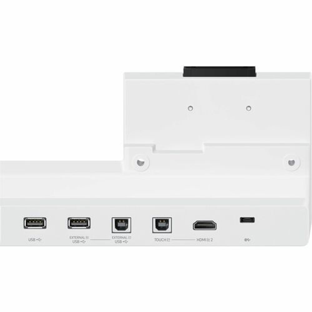 White connectivity tray with labeled front ports, including USB and video connections