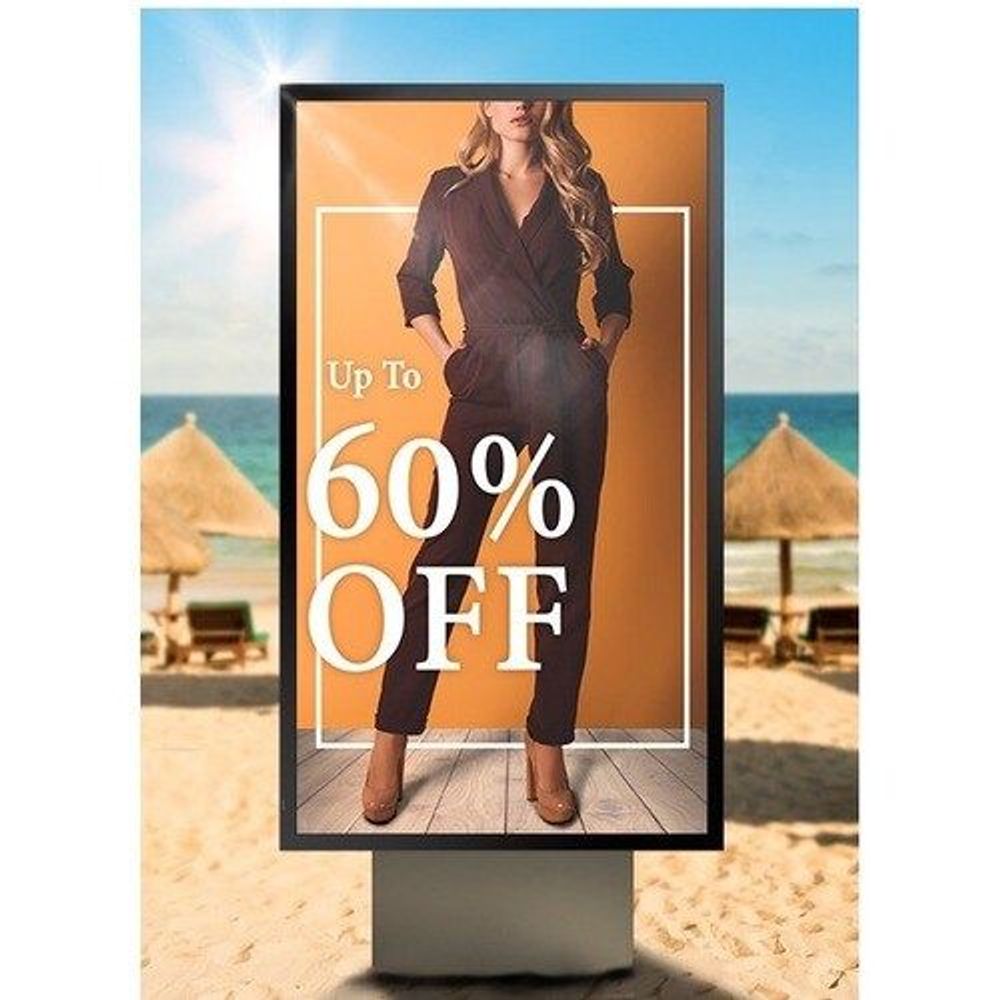Outdoor LCD display on beach backdrop showing promo text “Up To 60% OFF”
