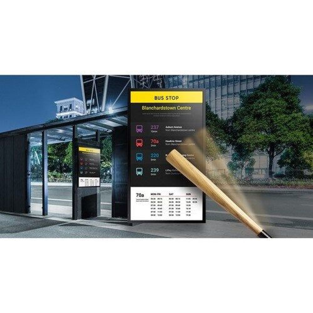 Samsung 75" outdoor LCD display showing dashboard charts and menu icons
