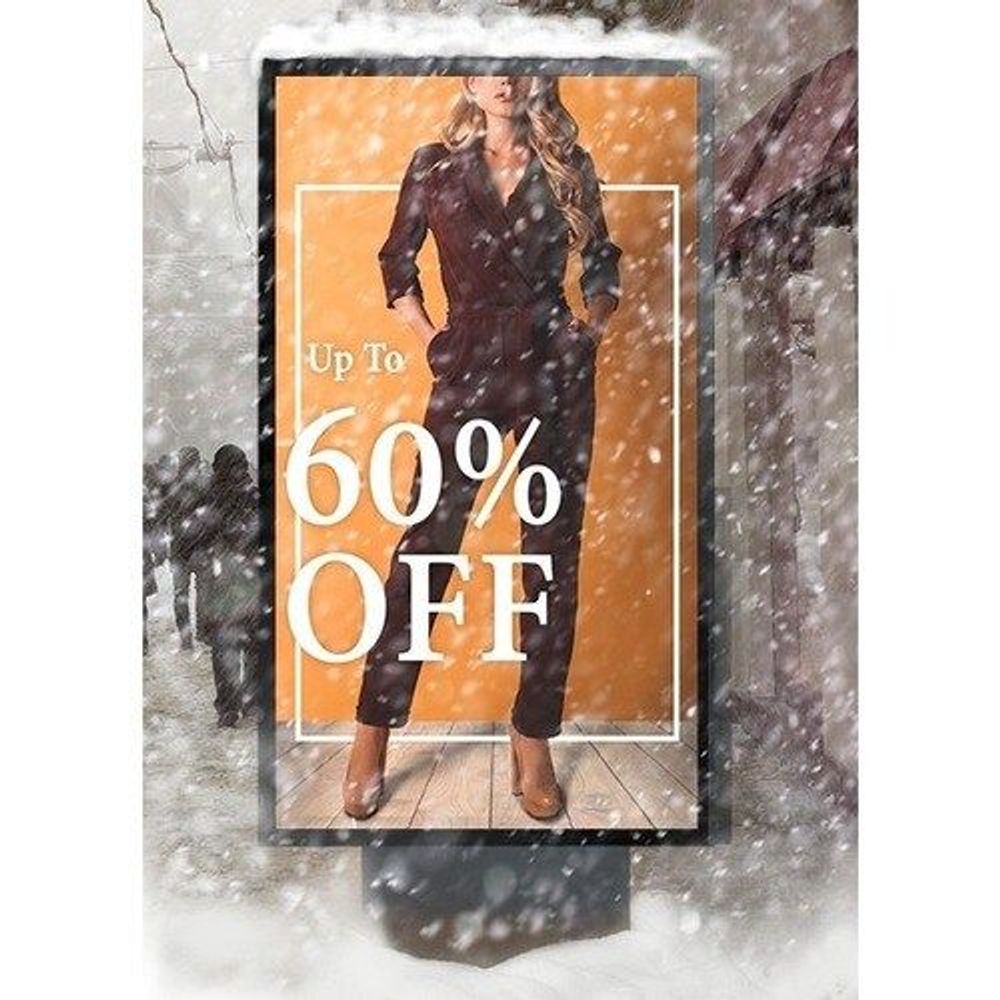 Outdoor LCD display with promotional ad reading “Up To 60% OFF”