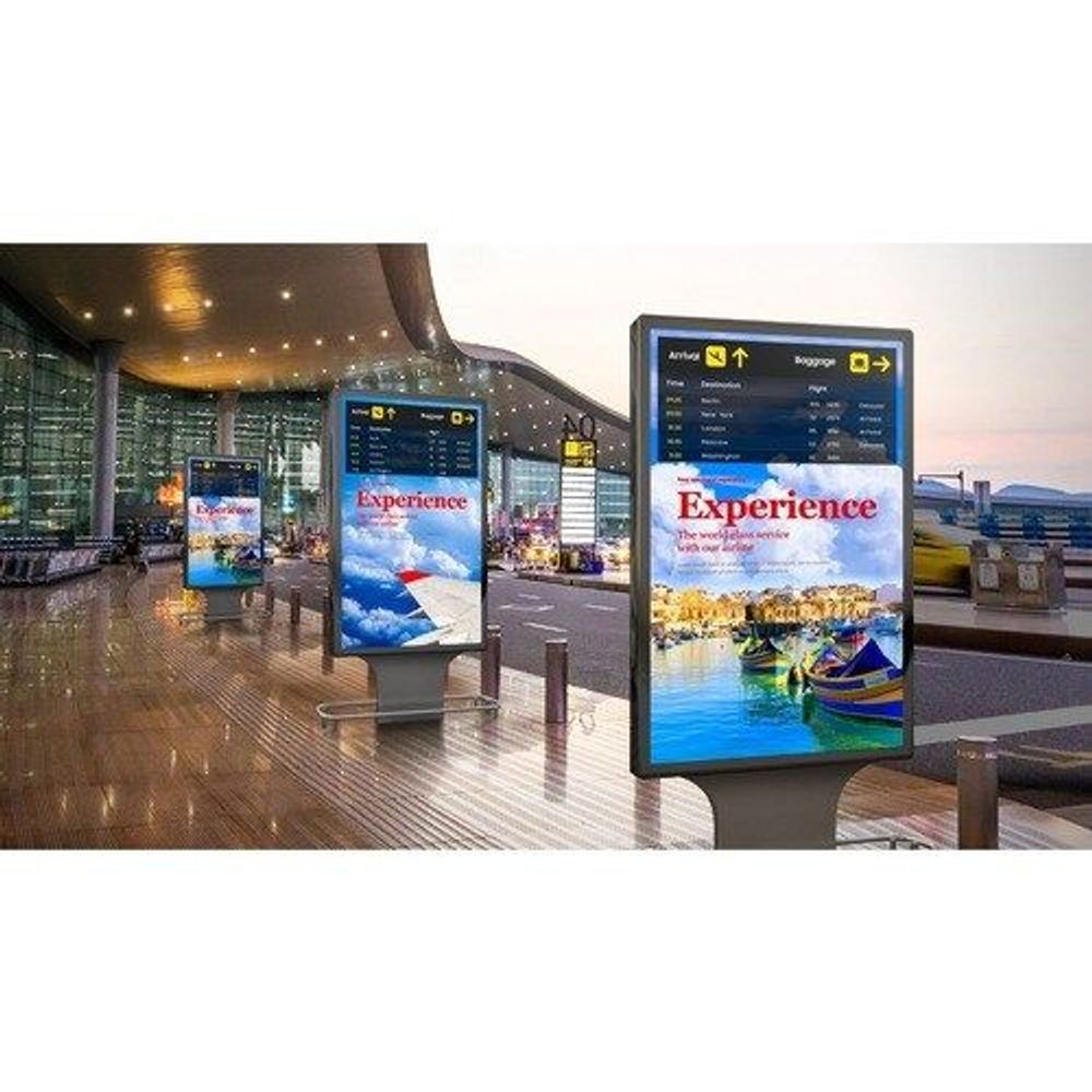Samsung 75" outdoor LCD display on stand showing colorful landscape content