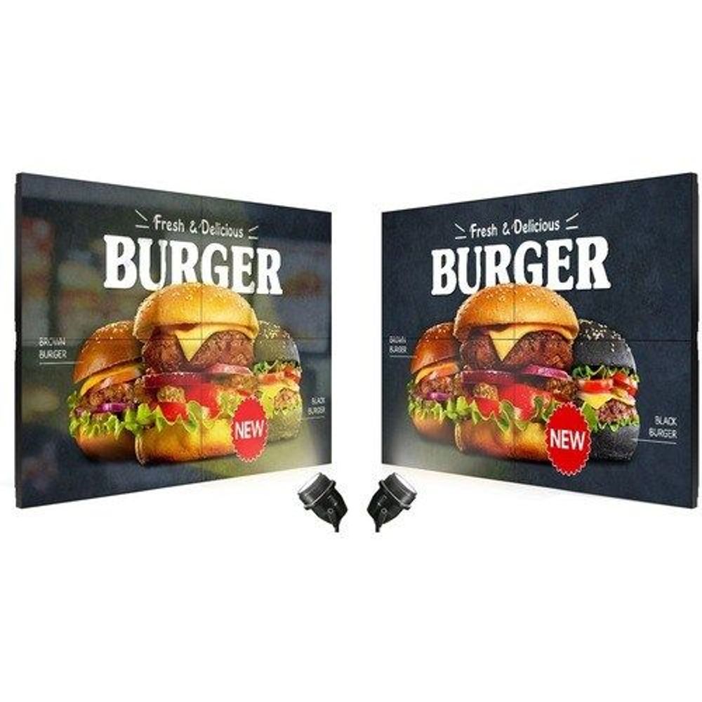 Samsung 55-inch LCD digital signage display shown as two side-by-side panels with burger image