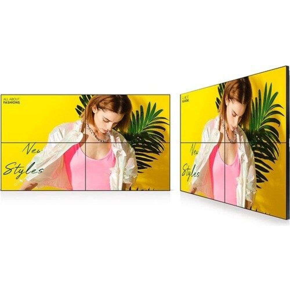 Samsung 55-inch LCD digital signage display with yellow ad graphics on dual panels