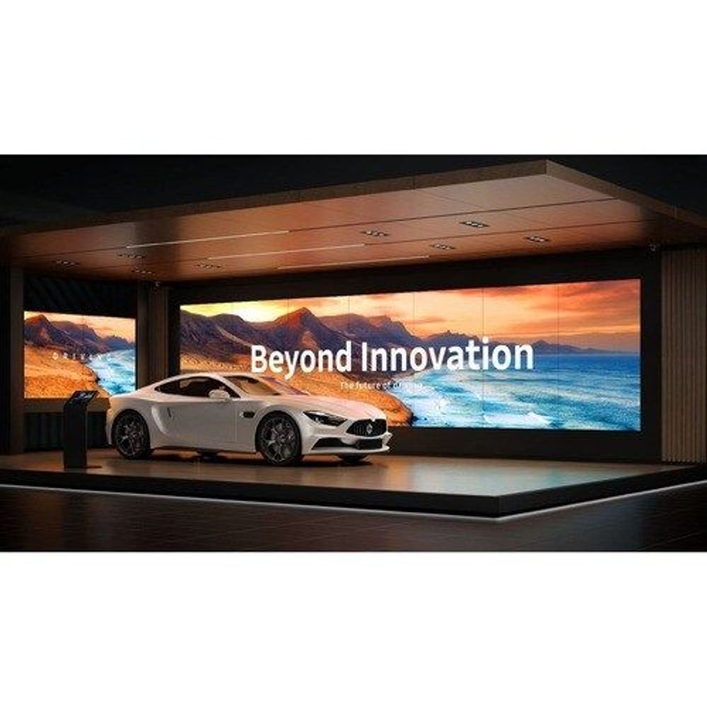 Samsung 55-inch LCD digital signage display mounted on large showroom wall with landscape graphic