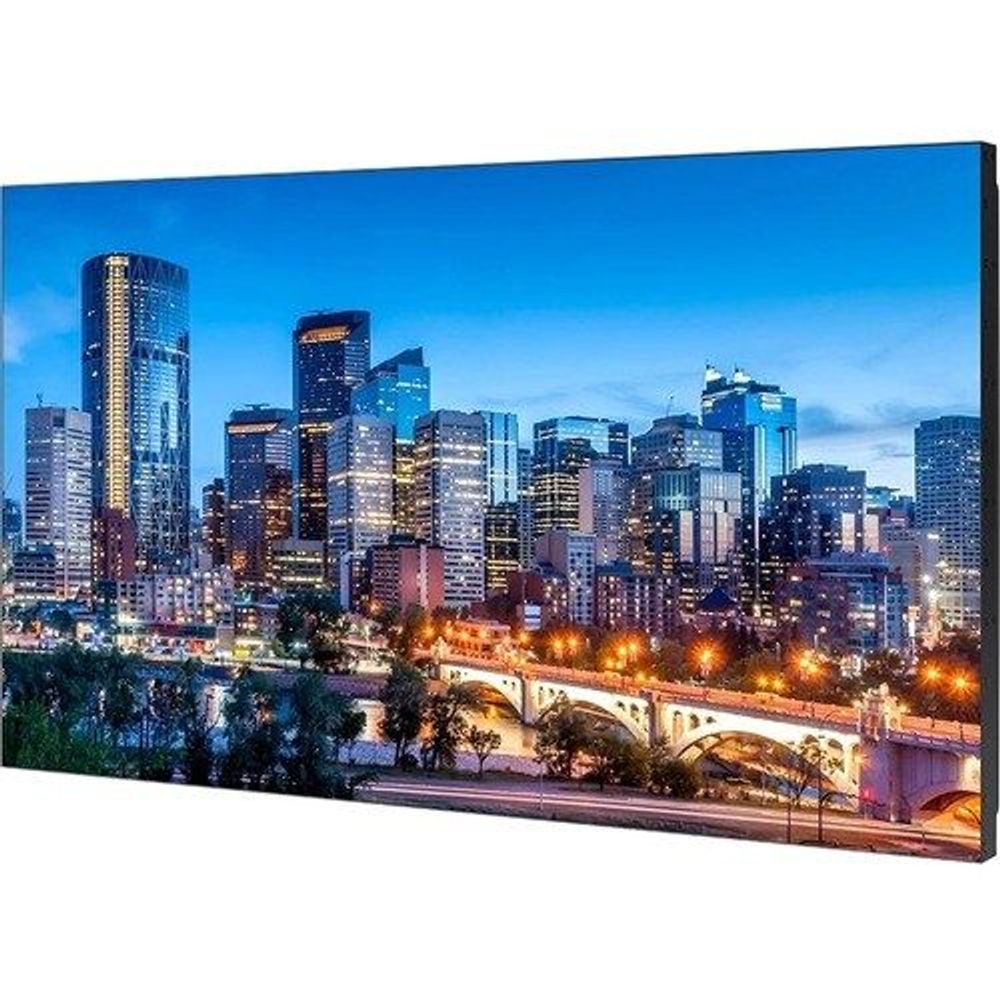 55-inch Samsung digital signage LCD with thin black bezel, displaying cityscape video